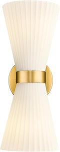 Gold Sconce Wall Lighting, HWH Single Wall Vanity Light Fixture Brushed Gold Wall Sconce Lamp, Modern Indoor Up Down Wall Light with Frosted Milk White Striped Glass Shade, 5HZG97B-2W BG