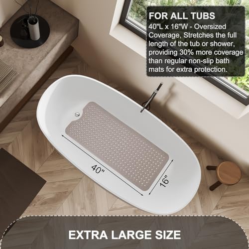 TEESHLY Bath Tub and Shower Mats, Non Slip 40 x 16 Inch Extra Long Bathtub Mat, Machine Washable Bathmat with Drain Holes, Suction Cups for Bathroom Floor, Tan - Image 5