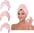 KELVO Microfiber Hair Towel Wrap for Women, 350 GSM Quick-Dry Hair Turban, Soft Anti-Frizz Towel for Curly, Long & Thick Hair, Lightweight Fast-Drying Head Wrap. (3 Pink (Solid,Stripes,Chess))