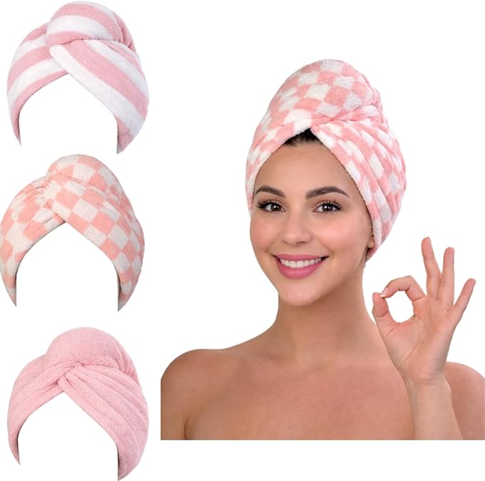 KELVO Microfiber Hair Towel Wrap for Women, 350 GSM Quick-Dry Hair Turban, Soft Anti-Frizz Towel for Curly, Long & Thick Hair, Lightweight Fast-Drying Head Wrap. (3 Pink (Solid,Stripes,Chess))