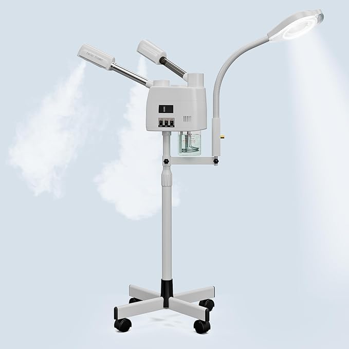 Paddie Professional 3 in 1 Facial Steamer on Wheels for Esthetician, Hot & Cold Mist, 5X LED Magnifying Lamp, White