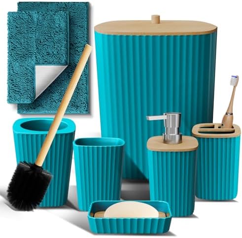Clara Clark Bathroom Set - Teal Bathroom Accessories Set, 6PC Bathroom Accessory Set, Bathroom Sets with Bathroom Rugs, Toilet Brush, Trash Can & Soap Dispenser by ClaraClark