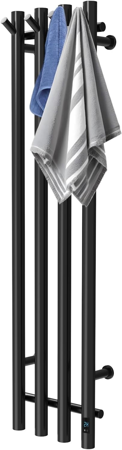 Electric Heated Towel Rack Warmer, Wall Mounted, Stainless Steel, 4 Bar Vertical Round Design, 5 Minute Rapid Heating, Timer Control, 10.1 x 37.4 Inches (Black)