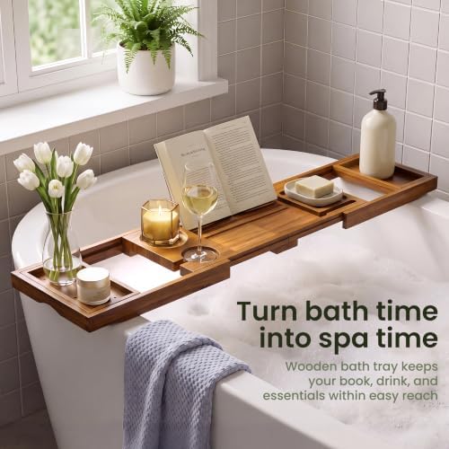 Bamboo Bathtub Tray - Luxury Bath Tray with Expandable Handles, Wine Glass and Phone Holders, Book Stand - Perfect for Home Spa Relaxation and Reading - Natural Bath Accessories - Brown Color - Image 2