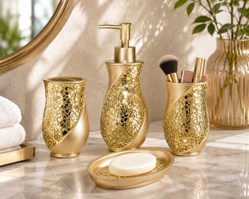 Zahari Home 4pc Sinatra Stylish Bathroom Accessories Set Champagne Gold Soap Dispenser Pump, Tumbler, Tooth Brush Holder and Soap Dish Modern Decor Bling Mosaic Glass Gold Bathroom Accessories by ZahariHome