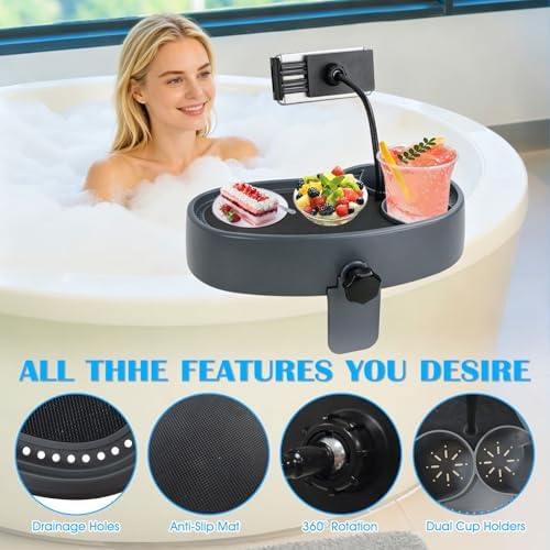 Hot Tub Table Tray with Adjustable Phone Holder, Nonslip Bathtub Table Tray, Between 2.4-7.4" Hot Tub Accessories for Adults with 2 Cup Holders, Clip-on Pool Side Table for Above Ground Bathtub (Gray) - Image 4