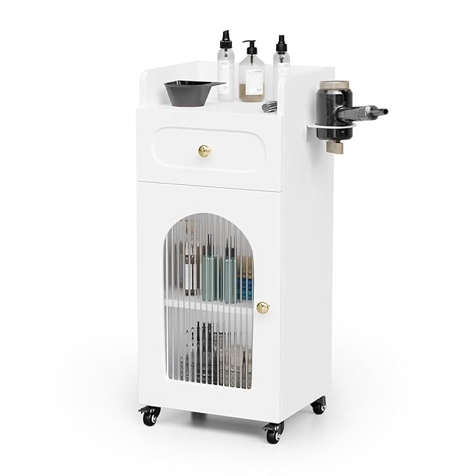 OmySalon Salon Cart with Wheels, 3-Tier Rolling Beauty Cart with Glass Door & Dryer Holder, Mobile Hair Styling Station for Barber, Spa, Esthetician, Nail & Tattoo Artists, Lockable Storage, White