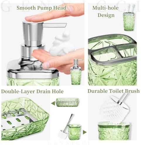 Bathroom Accessory Set, 9-Piece Green Bathroom Set with Trash Can, Toilet Brush, Soap Dispenser, Soap Dish, Toothbrush Holder, Tumbler, Q-tip Holder, Tray, for Hotel/Apartment, Housewarming Gift - Image 5