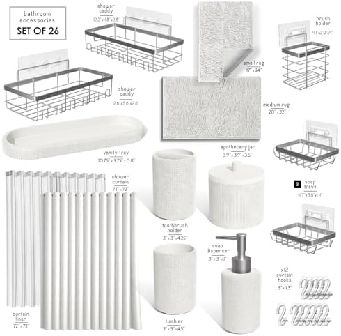 Clara Clark White Bathroom Set - Bathroom Sets with Shower Curtain and Rugs, 26PC Bathroom Accessory Set, Shower Curtain Set with Adhesive Corner Shower Caddy Hanging & Soap Dispenser - Image 2