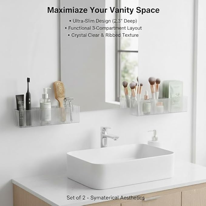 [2-Pack 14" Extra Long Slim Bathroom Organizer, 2.3" Deep Wall Mounted Shelves for Skincare & Makeup, Narrow Vanity Side Shelf with 6.9" Sheet Mask Section, Crystal Clear Ribbed, No-Drill