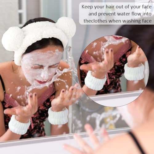 AHONEY Spa Bear Ears Headband, Face Wash Headband and Wristband Set, Cute Makeup Skincare Headbands Wrist Bands for Washing Face for Women Girls Elastic Hair Band (White) - Image 2