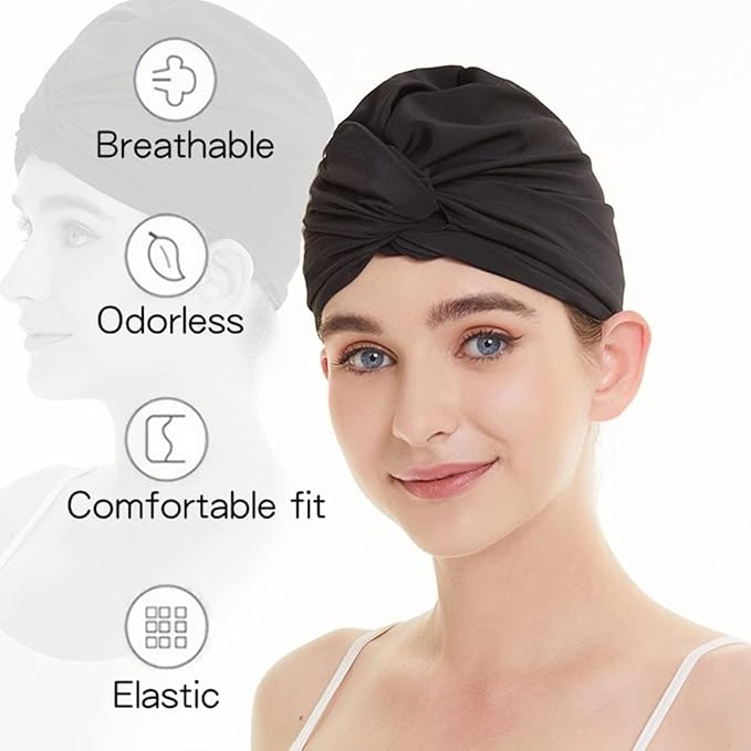 Pleated Fabric Swimming Cap Women Ladies Long Hair Swim Cap Ear Protecting Bathing Cap Elastic Polyester Turban Swim Hat Shower Cap for Beach Spa Non Waterproof, Twisted Beanie Cap Sleep Hat