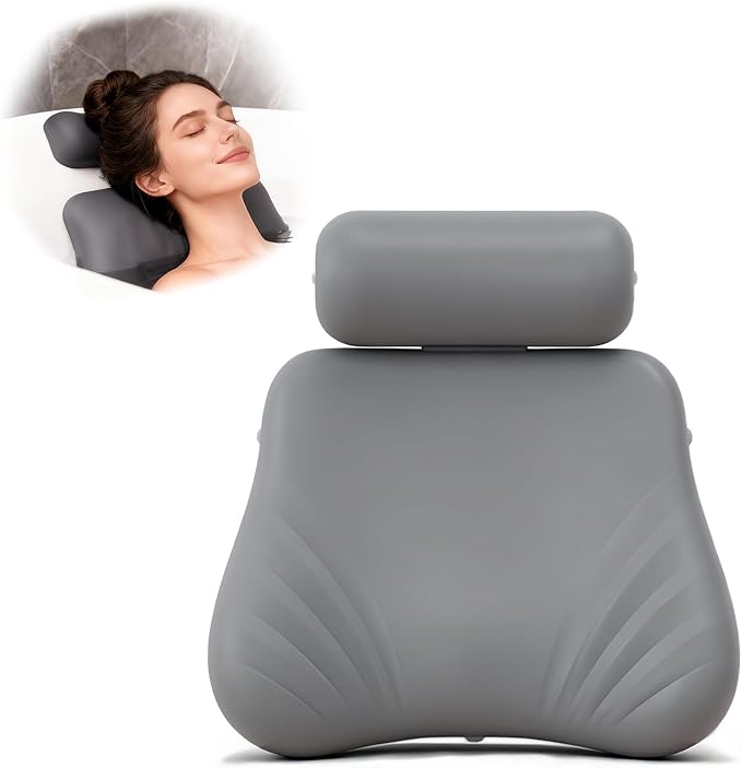 Upgraded Silicone Bath Pillow, 4D Press Inflatable Airbag and Non-Slip Large Suction Cups, Adjustable Head Neck and Back Support, Comfortable Luxury Bath Pillows for Tub, Bath Spa Accessories Gray