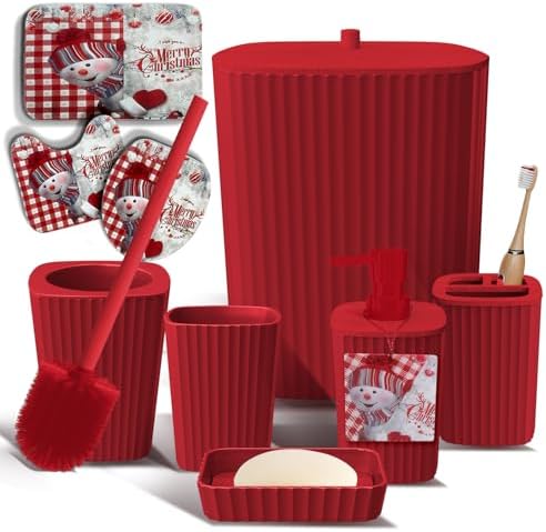 Clara Clark Bathroom Set - Christmas Bathroom Decor, Xmas Bathroom Accessories Set, 9PC Bathroom Accessory Set, Christmas Bathroom Sets with Bathroom Rugs, Toilet Brush, Trash Can & Soap Dispenser by ClaraClark