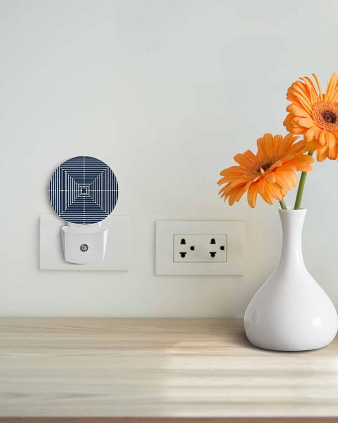 Night Lights Auto Sensor Navy Blue Aesthetic Night Light Lines Perspective Box Round Lamp Plug-in LED Nightlights Dusk to Dawn for Living Room Bedroom Bathroom Hallway Wall Decor