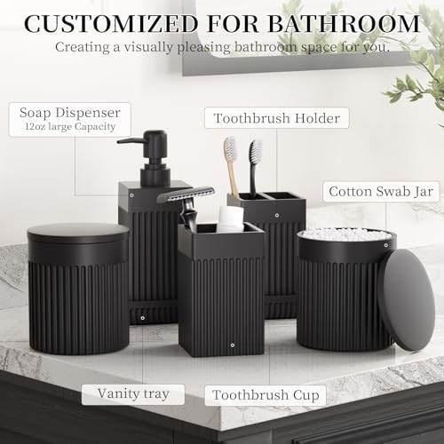 6-Piece Black Bathroom Set - Sleek Resin Organizer with Soap Dispenser, Toothbrush Holder, Vanity Tray, Tumbler & Apothecary Jars for Small Spaces - Image 2