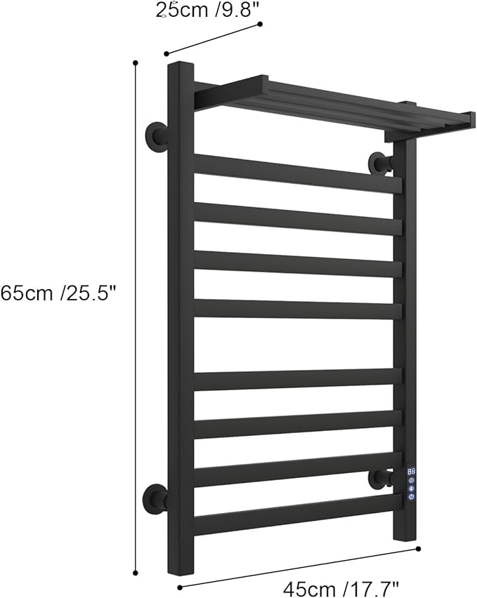 8-Bar Towel Warmer with with Top Warmer Shelf, Electric Towel Rack Set with Fast Heating, Auto Shut-Off Timer, Matte Black Finish, Hardwired or Plug-in, Hot Towels in Bathroom