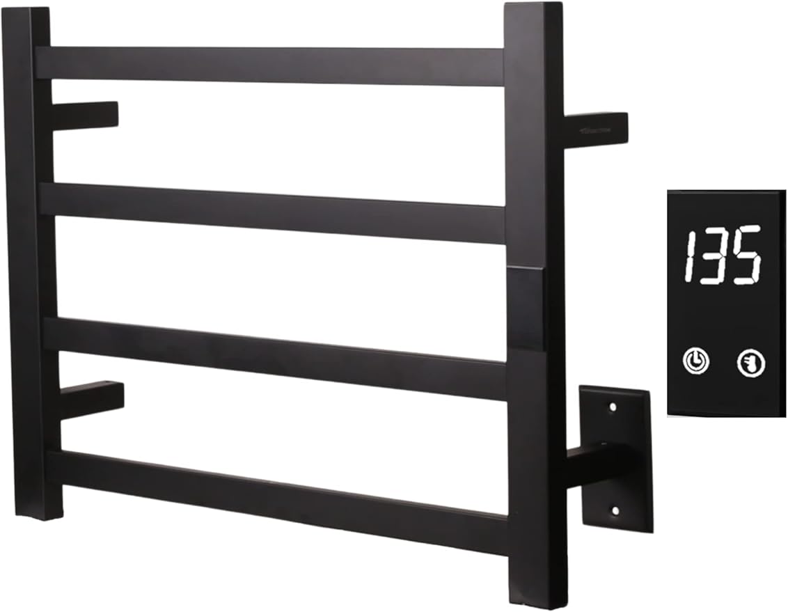 Topdattion Electric Towel Warmer | Super Thin | with Timer & Temperature Multi-Level Adjustments | Hardwired & Plug-in | 4 Bar Matte Black Finish