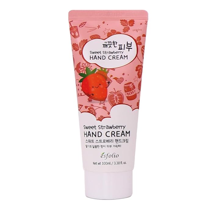 esfolio Sweet Strawberry Hand Cream – Moisturizing Korean Hand Lotion with Strawberry Extracts – Softens, Hydrates & Smooths Dry Skin – Lightweight Non-Greasy Formula (3.38 OZ/100ML)