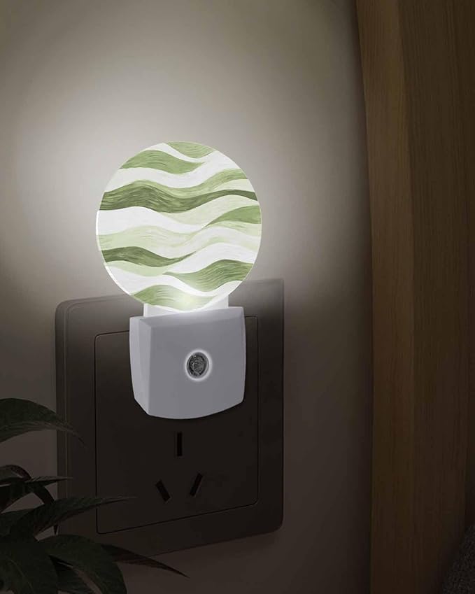 Night Lights Auto Sensor Green Ocean Waves Night Light Abstract Mountain Stripes Round Lamp Plug-in LED Nightlights Dusk to Dawn for Living Room Bedroom Bathroom Hallway Wall Decor