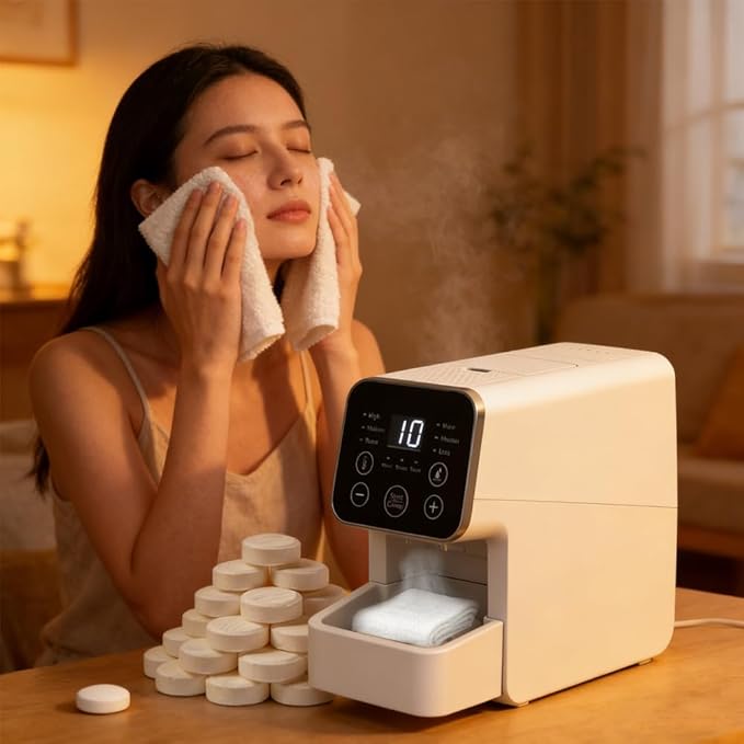 Hot Face Towel Heater Machine, Hot Towel Warmer, Hot Towel Dispenser, 55°C Constant Temperature, Auto Heating & Dispensing, Smart Voice Alerts, White, Included 50 Compressed Towels