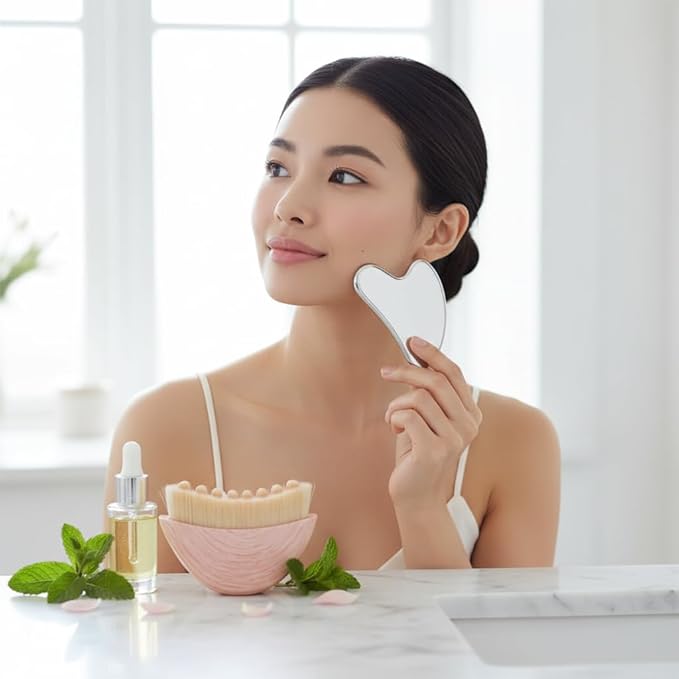 Lymphatic Contour Face Brush with Stainless Steel Gua Sha Tool - Lymphatic Face Brushes with GuaSha Tool | Gua Sha Facial Tools | Lymphatic Drainage Massager Face Brush for Sculpting