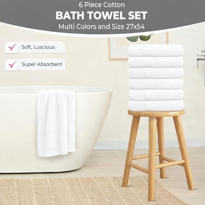 KAHAF COLLECTION 6 Pack Bath Towels Set (27 x 54 Inches) 100% Ring Spun Cotton, Lightweight, Quick Dry, Highly Absorbent Towels (White, (27x54) Inches)