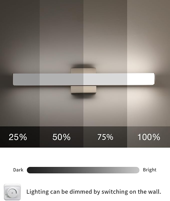 LED Bathroom Vanity Light Fixtures 24in Brushed Nickel,Dimmable18W 4000K Natural White Square Wall Fixture, Modern Lighting for Over Mirror, Damp Rated