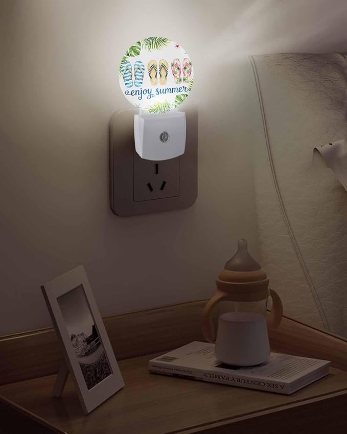 Night Lights Auto Sensor Flip Flops Night Light Enjoy Summer Green Palm Leaves Round Lamp Plug-in LED Nightlights Dusk to Dawn for Living Room Bedroom Bathroom Hallway Wall Decor