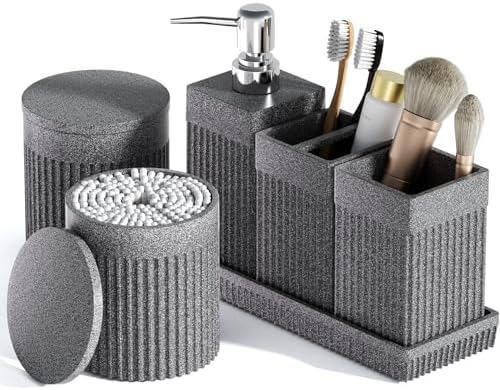6-Piece Bathroom Set Grey - Stone Textured Resin Bathroom Organizer with Soap Dispenser, Toothbrush Holder, Vanity Tray, Tumbler & Cotton Swab Jars for Small Spaces by LetUsMakeHomeYourFavoriteDestination