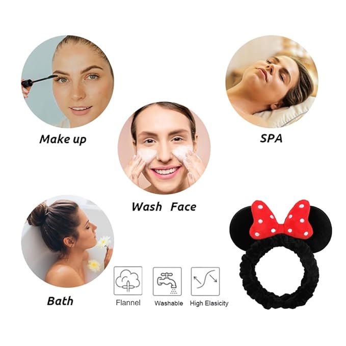 JIAHANG Mouse Ears Facial Spa Headbands, Coral Fleece Wash Face Hair Band, Velvet Bow Shower Hair Band for Girls Women Make up Hair Accessories