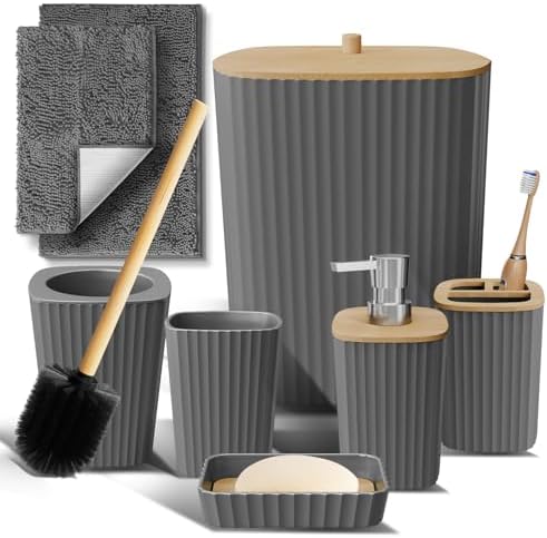 Clara Clark Bathroom Set - Grey Bathroom Accessories Set, 6PC Bathroom Accessory Set, Bathroom Sets with Bathroom Rugs, Toilet Brush, Trash Can & Soap Dispenser by ClaraClark