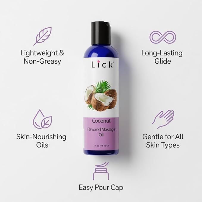 Lick Coconut Flavored Massage Oil – Tropical Edible Massage Oil with Sweet Almond Oil & Vitamin E, Hydrating Body-Safe Formula for Relaxing Couples Massage, 4 oz