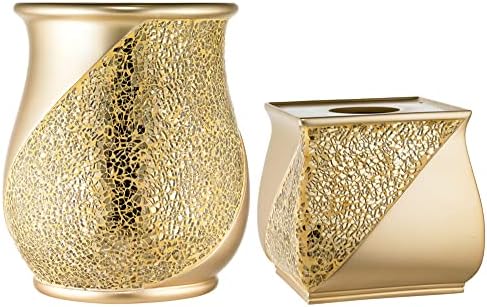 Zahari Home 2pc Sinatra Modern Bath Accessories Set Waste Basket & Tissue Box Champagne Gold Modern Decorative Beautiful Designs Bathroom Decor Set for Home Luxury Bath Set Mosaic Glass by ZahariHome
