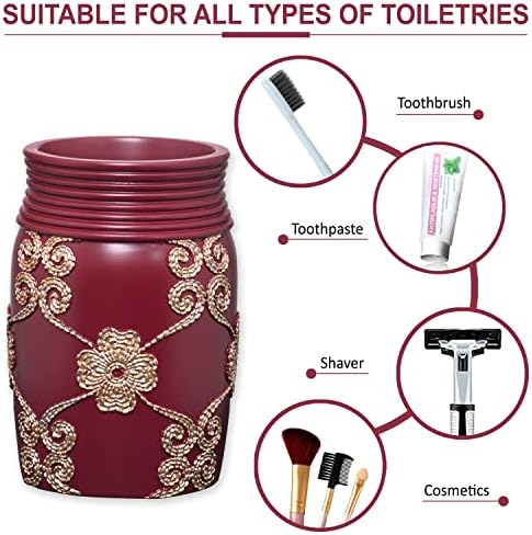 Zahari Home 4pc Elegant Rose Burgundy Bathroom Set Classic Bathroom Lotion Dispenser, Tumbler, Toothbrush Case and Bar Soap Holder Modern Uunique Design Burgundy Red Bathroom Accessories - Image 5