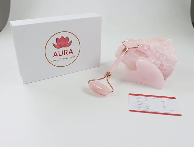 Premium Certified Luxury 100% Authentic Rose Quartz Pink Roller & Gua Sha Set for Anti-Aging Skin Care, Muscle Relaxation, Fine Line Reduction, and Eye Puffiness Relief