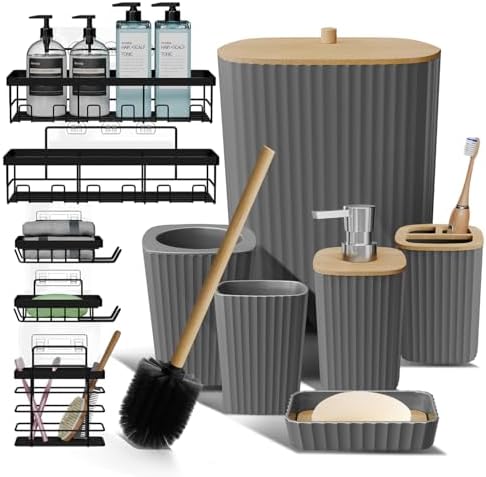 Clara Clark Bathroom Set - Grey Bathroom Accessories Set, 6PC Bathroom Accessory Set, Bathroom Sets with Adhesive Corner Shower Caddy Hanging, Toilet Brush, Trash Can & Soap Dispenser by ClaraClark