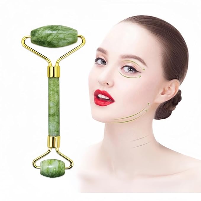 Jade Roller and Gua Sha Set, Natural Jade Stone Facial Massage Tools with Gold Frame for Puffiness and Redness Reducing, Skin Care Routine Gift
