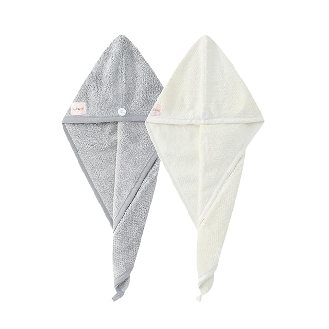 M-bestl 2 Pack Hair Towel Wrap,Absobent Hair Drying Towel with Buttons, Microfiber Hair Towel Wrap to Dry Hair Quickly (Beige&Gray)
