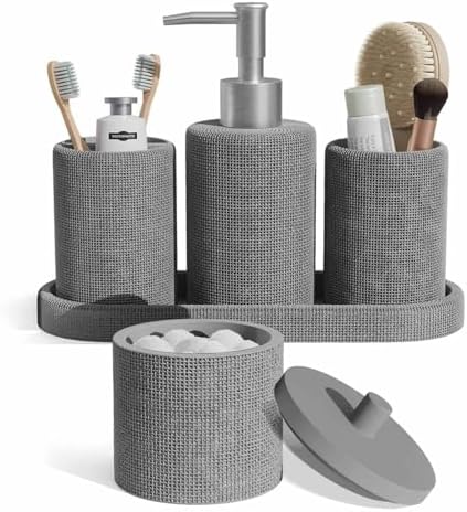 Clara Clark Bathroom Set - Grey Bathroom Accessories Set, 5PC Bathroom Accessory Set, Bathroom Sets with Soap Dispenser, Toothbrush Holder, Tumbler, Cotton Swab Jar & Vanity Tray by ClaraClark