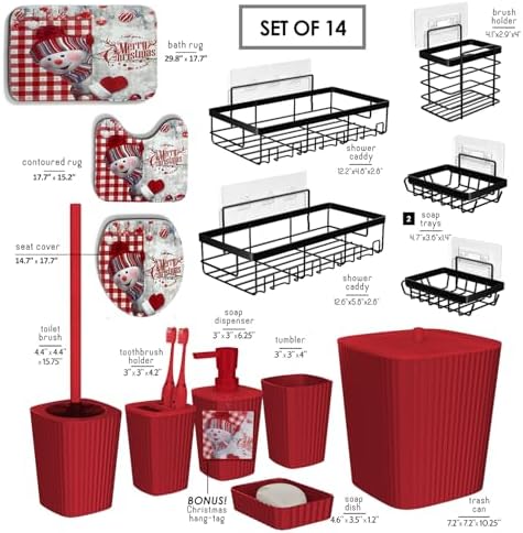 Clara Clark Bathroom Set - Christmas Bathroom Accessories Set, 14PC Bathroom Accessory Set, Christmas Bathroom Sets with Bathroom Rugs, Adhesive Corner Shower Caddy Hanging, Toilet Brush & Trash Can - Image 4
