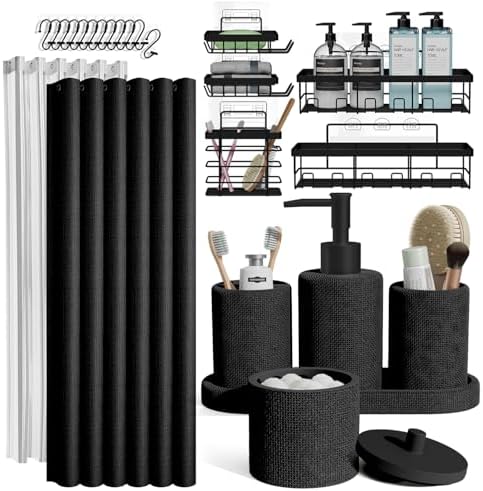 Clara Clark Bathroom Set - Black Bathroom Accessories Set, 24PC Bathroom Accessory Set, Bathroom Sets with Shower Curtain Set, Adhesive Corner Shower Caddy Hanging & Soap Dispenser by ClaraClark