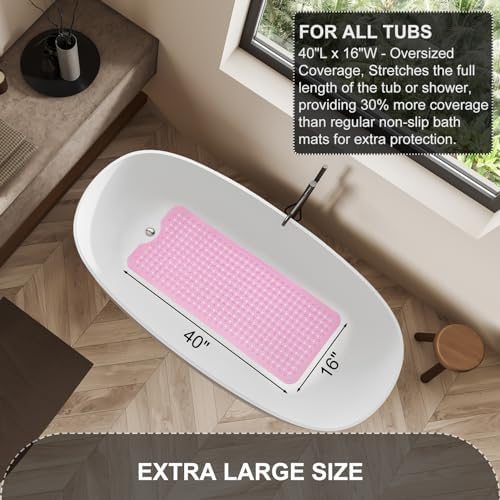 TEESHLY Bath Tub and Shower Mats, Non Slip 40 x 16 Inch Extra Large Bathtub Mat, Machine Washable Bathmat with Drain Holes, Suction Cups for Bathroom Floor, Clear Pink - Image 5