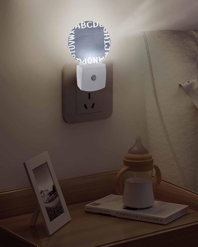 Night Lights Auto Sensor Alphabet Night Light Gray Modern Minimalist Letter Round Lamp Plug-in LED Nightlights Dusk to Dawn for Living Room Bedroom Bathroom Hallway Wall Decor