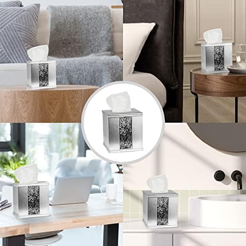Zahari Home 2pc Sinatra Silver Modern Bath Accessories Set Waste Basket & Tissue Box Modern Classic Contemporary Decorative Beautiful Designs Bathroom Decor Set for Home Mosaic Glass - Image 6