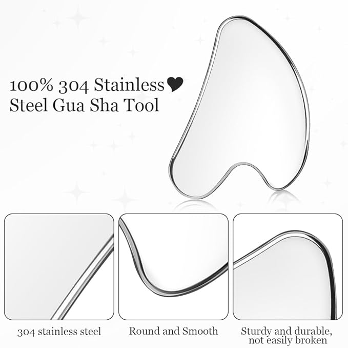 URAQT Stainless Steel Gua Sha Facial Tools Guasha Tools for Face Skin Care Body Gua Sha Tools Tighten Skin Massage Tools for Puffiness Reducing & Jawline Sculpting Face Stone Gua Sha Tools (Silver)