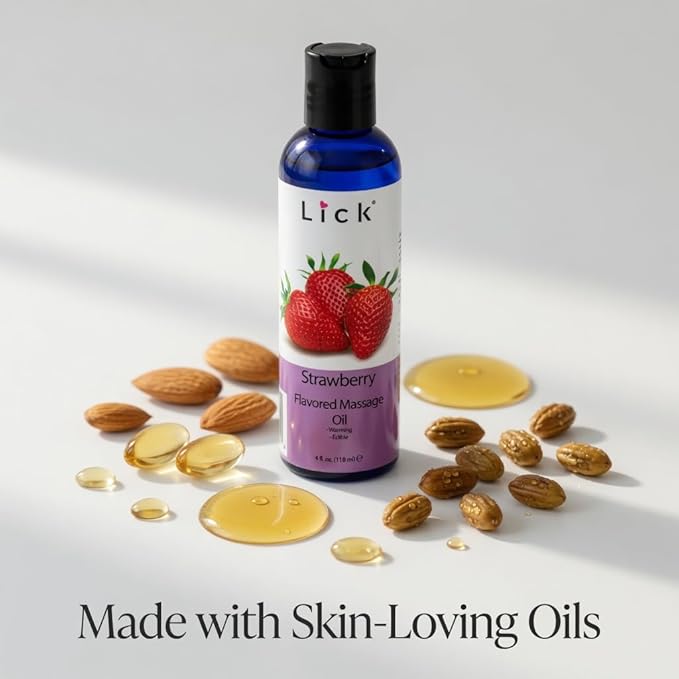 Lick Strawberry Flavored Massage Oil with Natural Vitamin E - Aromatherapy & Moisturizing Body Oil for Relaxing Muscle Massage - Essential Non-Sticky Skin Therapy for Men and Women - 4 oz
