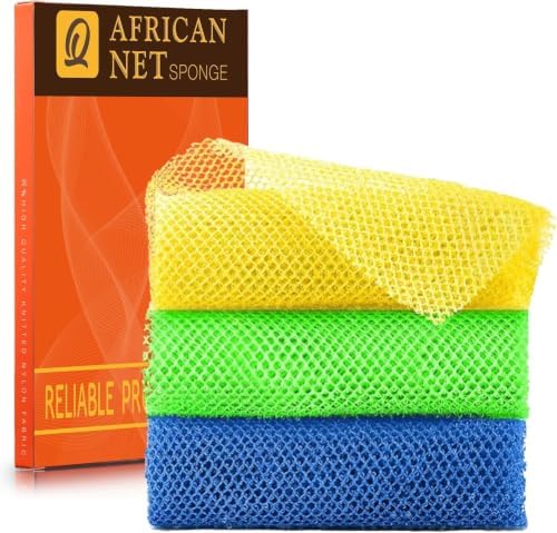 UJFQBH 3 Pieces African exfoliating net African Net Long Net Bath Sponge Exfoliating Shower Body Scrubber Back Scrubber Skin Smoother,Great for Daily Use (Yellow, Green, Blue) by BuyNow