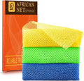 UJFQBH 3 Pieces African exfoliating net African Net Long Net Bath Sponge Exfoliating Shower Body Scrubber Back Scrubber Skin Smoother,Great for Daily Use (Yellow, Green, Blue) by BuyNow