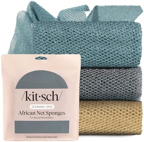 Kitsch African Net Sponge – Exfoliating Body Scrubber – Aqua Grey, 3 Pcs by Kitsch